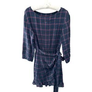 REBECCA TAYLOR La Vie Blue Plaid Wrap Mini Dress Tie Waist Ruffle Hem | Medium
